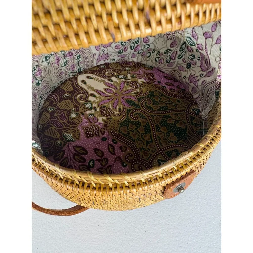 Bali Ata Grass Round Crossbody Bag Rattan Leather Batik Lined Boho Wicker Purse